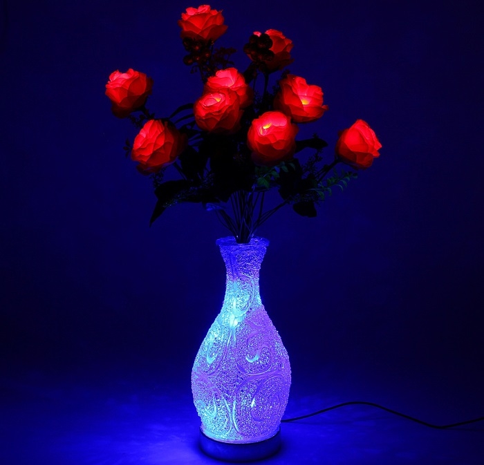 Светодиодная ваза 64х16 см, Розы 10 LED, от USB и 220V, фиксин, СИНИЙ