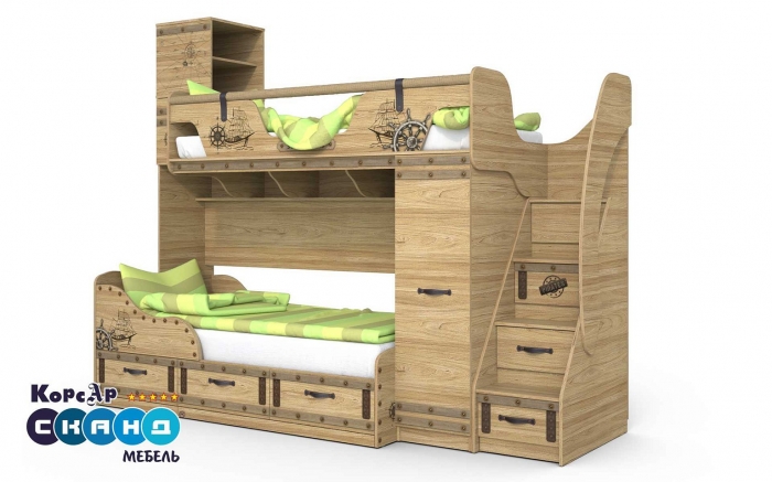 Двухъярусная кровать. Многофункциональная двухъярусная кровать для двоих детей в морском стиле.