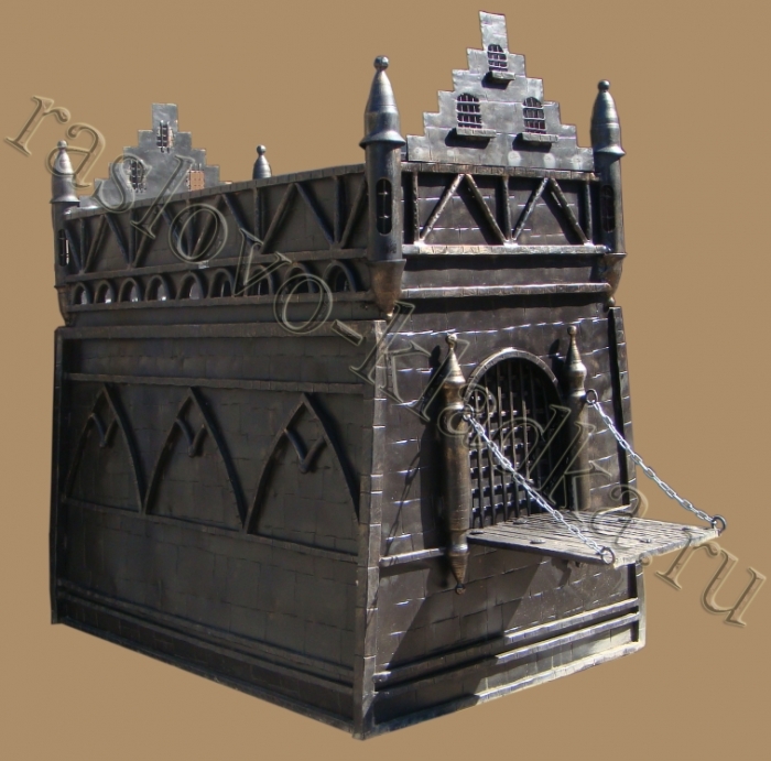 Мангал кованый в виде замка/ Габаритные размеры мангала: высота - 0,8 м; ширина - 0,5 м; длина - 1 м. Масса - 165 кг. По желанию заказчика массогабаритные характеристики могут быть изменены.