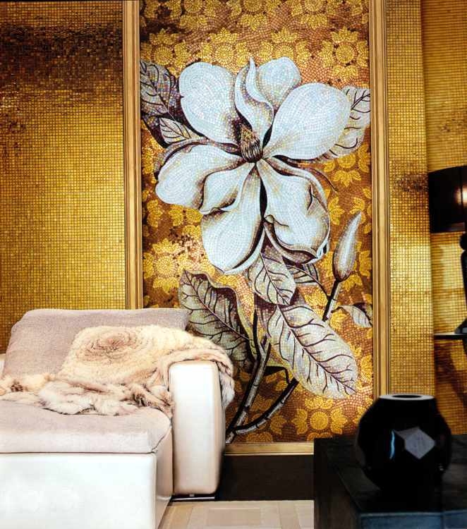 Мозаичное панно Золотой цветок из стеклянной мозаики Rose
