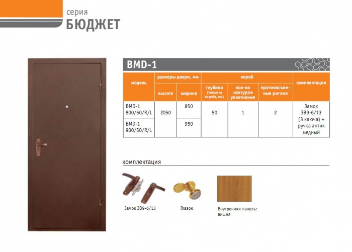 Металлические двери cерии «Бюджет» BMD-1  - это дверь эконом варианта. В комплектацию включены все необходимые опции. Минимальные необходимые защитные свойства и качество исполнения соответствует требованиям ГОСТ.   Толщина полотна 50 мм., Внешняя панель: металл, порошковая окраска. Внутренняя сторона: ламинированная панель МДФ - 3.2 мм, 1 Замок Просам сувальдный (3 ключа),  - глазок 180° Сертификат соответствия.  Санитарно-эпидемиологическое заключение.